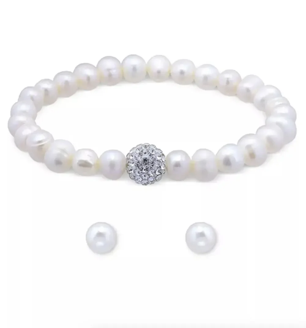 Macys Cultured Freshwater Pearl (7mm) Crystal Bracelet & Earring Set New in Box